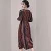 Retro Fashion Ethnic Drukuj Szyfonowa Długie Rękaw Dress Casual Midi Sukienka + Podwójna Kamizelka Breasted Dwuczęściowe Zestaw Kobiety Suit 210518