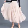 Style Autumn Solid Tulle Skirt Gray Brown Beige Pink Black Long Skirts Elegant Sweet Casual A-line Women Skirt 4884 50 210527