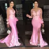 Sexy Sheer Long Sleeve Pink Prom Dresses Mermaid Side Split Appliques Beaded Arabic Evening Formal Gowns Plus Size