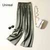 Unireal Summer Women Wide Leg Byxor Hög midja Casual Trousers Streetwear Black Silk Satin Elegant Long Palazzo 211115