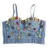 Sommar Kvinnor Tank Toppar Denim Bead Kläder Ärmlös Sexig Skinny Slim Bralette Crop Top Short Camis Kvinna Vest 210515