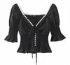 Black Spliced Lace V neck Puff Short Sleeve Pearl Buttons Shirt Sexy Women Wood ears Blouse Cotton Tops 210429