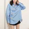 Women Shirt Turn Down Collar Long Sleeve Blue Striped Buckle B0476 210514