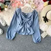 Spring Women Blouse Sweet V-Neck Long Lantern Sleeves Ladies Shirts Solid Color Slim Chiffon Vintage Drawstring Top 210422