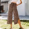 Leopardenmuster beiläufige lose lange Hosen Sommer Hohe Taille elastische Schärpe Split-Hose Frauen Urlaub weite Beinböden Dame 210414