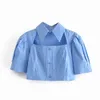 Button Up White Blouse Shirt Vrouwelijke Casual Koreaanse stijl Blue Crop Tops Blusa Mujer Summer Puff Sleeve Tops 210415