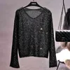 Qooth Shiny Lurex Autumn Summer Sweater Women Long Sleeve Pullover Round Neck Women Basic Shirt Sequin Knit Tops Jumper QH2172 210518