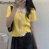 Korobov New Vintage Sweet Women Sweaters Korean Turn-Down Collar Short Sleeve Summer Cardigans Preppy Style Sueter Mujer 210430