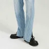 IEFB laser xadrez xadrez efeito azul jeans jeans mid cintura casual split split bottoms calças denim streetwer 9y7123 210524