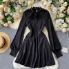 Women Shirt Dress Suit Necktie Hollow Mesh Patchwork Long-Sleeved Nipped Waist es A- Line Vestidos PL399 210506