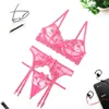 Ensembles de soutiens-gorge Sexy 3 pièces ensemble femmes Lingerie broderie dentelle soutien-gorge Push Up soutien-gorge + jarretelles + string voir à travers mince sous-vêtement transparent 2021