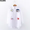 Spring Women Cartoon Embroidery Blouse Shirt Long Sleeve White Lady Office Tops Plus Size Cotton 210514