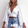 Kadın Uzun Puf Kollu Gömlek Katı Renk Seksi V Yaka Casual Kısa Kısa Giyim Kadın Yaz Plaj Ince Kazaklar Bluzlar Kadınlar