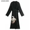 Spring Bohemian Satin Phoenix Embroidery Kimono Cardigan Women Tie Bow Sashes Long Jacket Coat Black Outerwear Holiday 210429