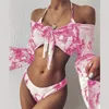 In-X Tie-dye imprimé 3 pièces maillot de bain femme sexy bikini en maille 2021 maillots de bain à manches longues femmes noeud biquini plage porter maillot de bain 011