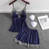 Summer Lace Sexy Ice Pyjamas kostym Kvinnors Suspender Shorts Två Piece Set med Tunn Bra Silk Koreansk version Q0706