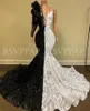 Svart och vitt sjöjungfru plus storlek prom klänning 2021 nyaste ankomst sparkly sequin en långärmad afrikansk tjej kväll klänningar