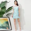 Projektant mody Summer Party Dress Damska Puff Sleeve Patchwork Zroszony Niebieski Kwiatowy Druku Elegancki Krótki Jacquard 210524