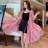 Summer Sweet Sets 3D Floral Puff Sleeve V-cuello A-line Dress + Basic Sling Dresses Mujer coreana Trajes de 2 piezas 6H458 210603