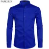 Chemises habillées bleu royal pour hommes Marque Chemise à col Mandarin à bandes Homme Chemise à manches longues décontractée boutonnée avec poche 2XL 210522
