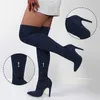 Boots Mature Dark Blue Stretch Long Pointy Toe High Heel Women Shoes Suede Leather Over The Knee Skintight