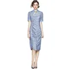 Dames Zomer Designer Elegant Gedrukt Hol Ruched Sexy Slanke Bruiloft Gewaad Robe Chinese Stijl Vrouwelijke Vintage Jurk Vestidos 210525