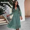 Bohemian Gedrukt V-hals Chiffon Vrouwen Lange Mouw Ruches Strand Jurk Elegant Een lijn Zomer Casual Midi Jurken 210413