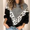 Kvinnors tröjor kvinnor tröja shopping party färg block lapptäcke avslappnad stickad leopard tryck lös höst vinter daglig pullover besättning hals t