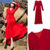 Yosimi Długie Kobiety Sukienka Czerwony Szyfon Letni Maxi Vintage V-Neck Długość Rękawem Kobiet Vestidos Party Panie 210604
