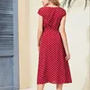 Vintage vermelho bolinhas mulheres vestido sexy v-pescoço de manga curta boho long midi praia senhora vestidos vestidos com cinto w267 210526