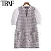 TRAF femmes Chic mode Patchwork effiloché gland Tweed Mini robe Vintage lanterne manches poches femmes robes Mujer 210415