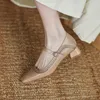 Meotina Women Pumps Real Leather Mid Heel Mary Janes Shoes Ladies Square Toe Block Heels Footwear Buckle Shallow Pumps Beige 40 210520