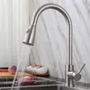 Stainless Steel Kitchen Faucets Single Handle Pull Out Water Tap Single Hole Handle Swivel 360 Degree Water Mixer Tap 210719