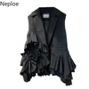 Neploe Women Vest Oregelbundet Ruffle Patchwork OuterWear Loose Fashion Black Blazer Tank Elegant Temperament Ärmlös Ladies Top 210422