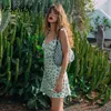 Foridol Cherry Print Satin Summer Dress Dames Lace Up Strap Short Beach Holiday Jurk V-hals Franse Groene Backless Mini Dress 210415