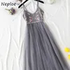 Neploe Chic Flower Embroidery Sexy Camis Dress New Mesh Patchwork High Waist Vestidos V-neck A-line Women Dresses 1H685 210423