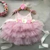 Criança bebê meninas 1º vestido de aniversário para crianças Flowers Belt Headbow para roupas de casamento conjunto crianças traje princesa g1129