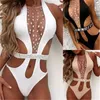 Hot Sexy Mulheres Biquini One-peça Bodysuit Beachwear Halter Backless Push-up Diamante Diamante Out Monokini Banhando Terno Novo Y0927
