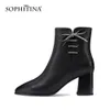 SOPHITINA winter warm ankle boots woman black genuine leather pointed toe high square heel zipper short boots shoe PO904 210513