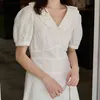 Ruffle White Summer Mini Dress Women Cotton V Neck Jacquard Tunic Puff Sleeve A Line Short 210427