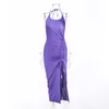 Purple Bodycon Dress Summer Women Party Club Long Y2K Matel Halter Slit Sexy Maxi Sundress Rushed Vestido Feminino 210427