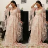 Arabisch blush roze sexy schep nek prom jurken kanten appliques 3D bloemen lange mouwen illusie illusie vegen traiin een lijn plus size formele avondjurken slijtage