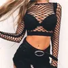 Siyah Örgü Tshirt Kadınlar Tops Uzun Kollu Tees O-Boyun T Chemise Femme Rahat Fishnet Kadın Kırpma Oymak 210517