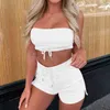 Pink Women Summer Strapless Crop Festival Top+Shorts 2 Piece Set Pink Yellow Tie Hoodie Casual Outfit Solid Comfort Lounge Set G220311