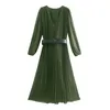 Vintage With Belt Print Pleated Midi Dress Women V-neck Long Sleeve Lining Female Dresses Vestido Feminino 210430