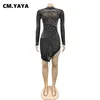 Cm.yaya zomer doorzichtige gaas diamanten jurk vrouwen sexy slanke elastische mini jurken tassel lady club party night outfit 2111206