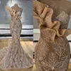 Champagne Evening Dresses Glitter Sheer Jewel Neck Ruffles Sweep Train Vestido De Festa Mermaid Pageant Gowns Prom Party Wear