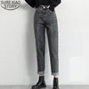 Vintage szary wysoki talia kobiety jesień moda luźne denim dżinsy kieszenie przycisk harem spodnie spodnie 10594 210417