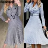 BeAvant V-neck plaid blazer dress women Long sleeve elegant pleated dresses office ladies belt Autumn winter vestidos robe 210709