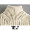 TRAF mujeres moda suelta Cable-knit chaleco suéter Vintage cuello alto sin mangas mujer chaleco Chic Tops 210415
